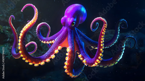 Pixel Art Glowing Octopus In Underwater Scene