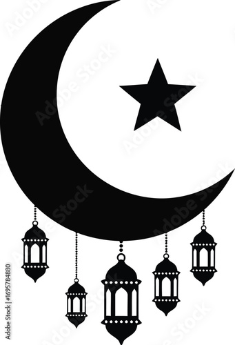 Silhouette of crescent moon and star with hanging lanterns a simple, elegant design for ramadan and eid celebrations
