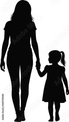 Silhouette of a mother holding her daughters hand, walking together a heartwarming image of family love and connection