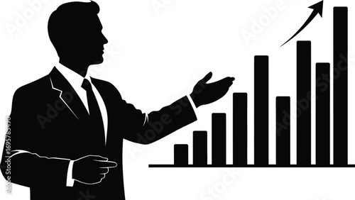 Silhouette of a businessman pointing at a bar graph with an upward arrow, indicating growth and success
