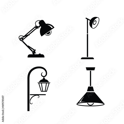 A diverse collection of elegant lighting fixture silhouettes, showcasing modern desk lamps, classic floor lights, charming wall-mounted lanterns, and stylish pendant lamps for design inspiration