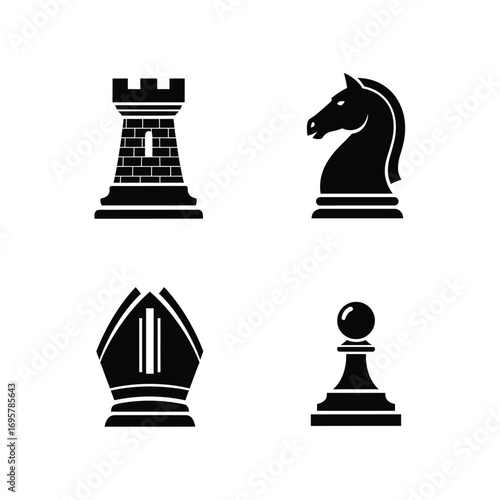 Chess Pieces Silhouettes Iconic Rook, Knight, Bishop, and Pawn, Black and White