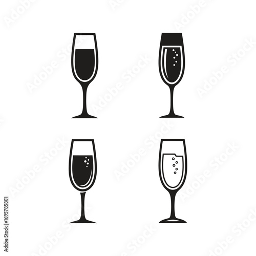 Set of four champagne flutes with bubbly liquid, elegant glassware for celebrations and toasts, vector illustrations