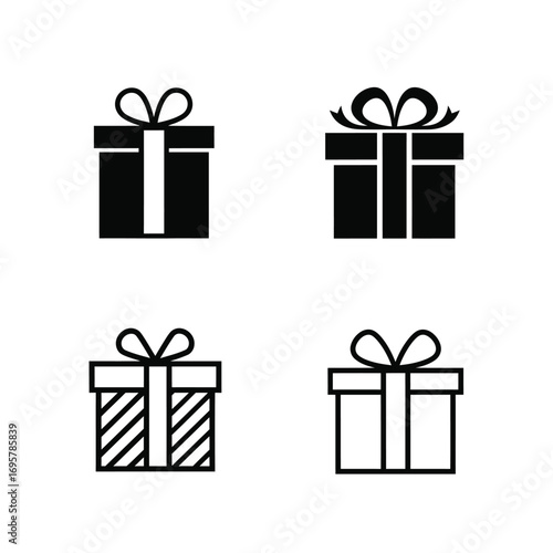 Collection of diverse gift box icons, showcasing various styles from solid filled to outlined and patterned designs, perfect for symbolizing presents, celebrations, and special occasion surprises