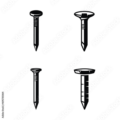 Set of four different metal nails in a monochrome vintage style, isolated on a white background for construction and carpentry concepts