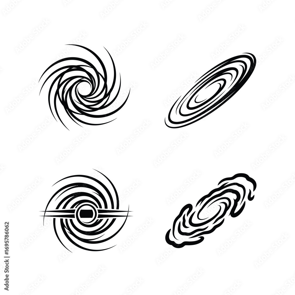 Fototapeta premium Creative vector set of abstract spiral and vortex symbols representing galaxies, black holes, and cosmic energy