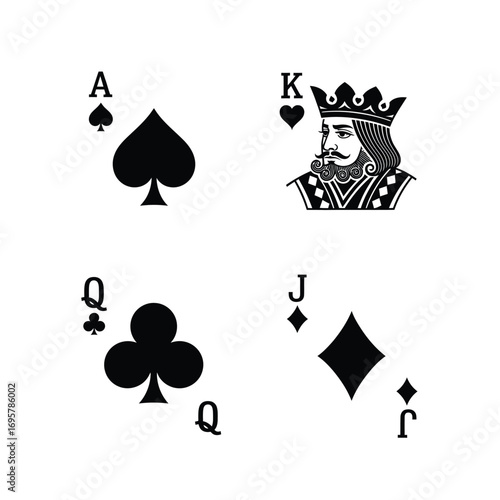 Playing Card Faces Ace of Spades, King of Hearts, Queen of Clubs, and Jack of Diamonds