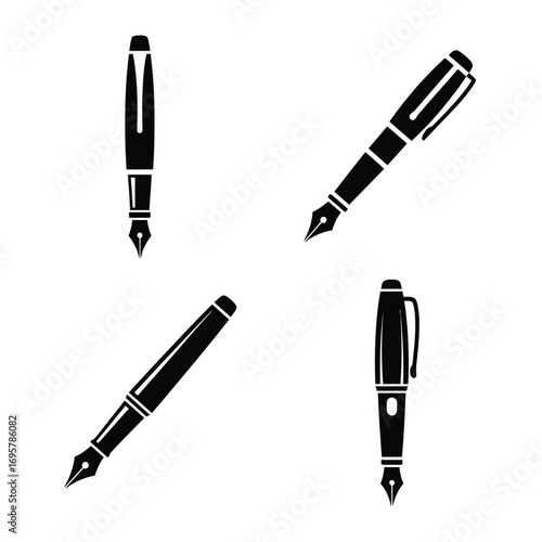 Set of four black fountain pen icons isolated on a white background. A collection of classic writing and calligraphy instrument silhouettes