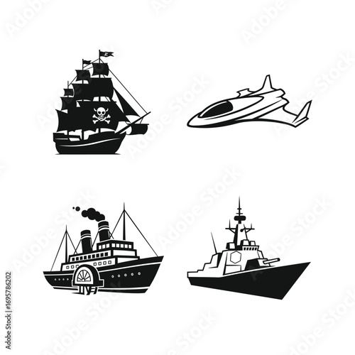 Collection of four distinct ship and aircraft illustrations including a pirate vessel, paddle steamer, modern warship, and futuristic jet