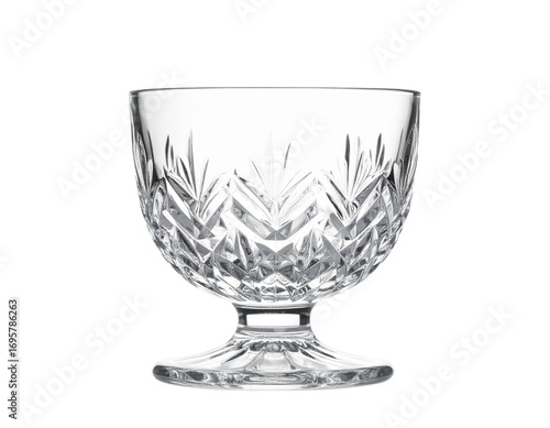 A glass goblet with an intricate pattern, isolated on a white background, elegant drinkware.