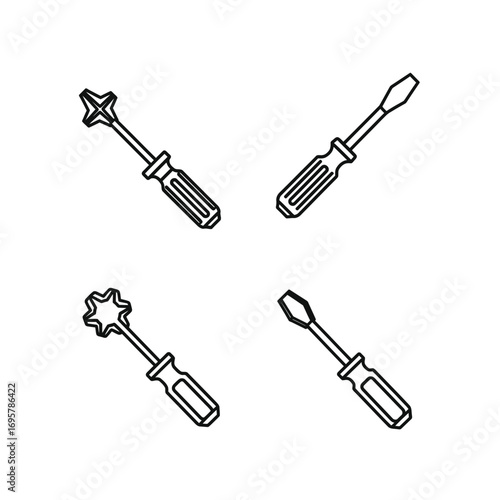 Set of four vector line drawings of screwdrivers with different head types for repair