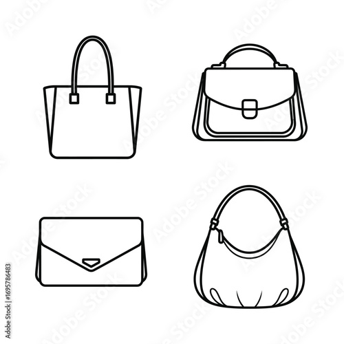 Collection of four black and white line art fashion handbags, showcasing diverse styles and designs for women's accessories