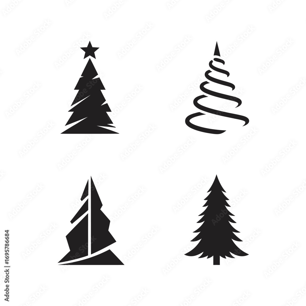 Obraz premium Conceptual Christmas tree icon set with diverse stylized holiday season silhouettes, ideal for minimalist festive graphic designs and winter celebration projects
