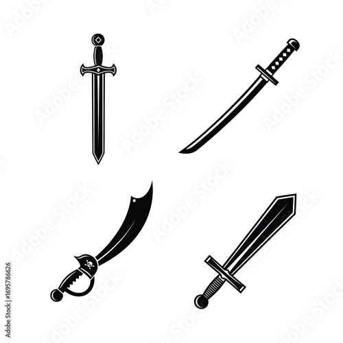 A versatile set of stylized sword illustrations, featuring diverse historical and fantasy blade designs in a clean graphic format, ideal for creative and thematic projects