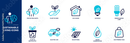Sustainable Living Blue Colored Outline Icon Set