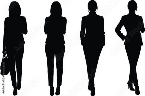 Group of Four Confident Businesswomen in Suit Silhouettes Walking and Standing for Corporate Success and Professionalism.