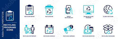 Recycling Programs Blue Colored Outline Icon Set