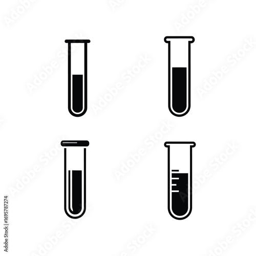 Simple black and white vector icons of test tubes with liquid, symbolizing scientific research, laboratory experiments, chemical analysis, and medical diagnostics