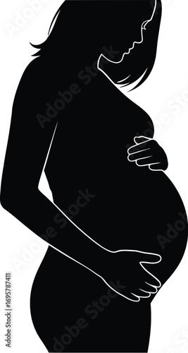 Silhouette of a pregnant woman holding her belly expecting mother with hands her tummy in black and