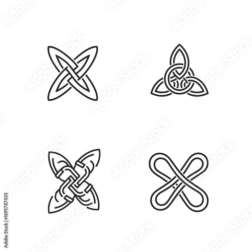 Diverse set of intricate Celtic knot designs, showcasing various interwoven patterns in a clean, minimalist linear style, imbued with cultural and spiritual symbolism