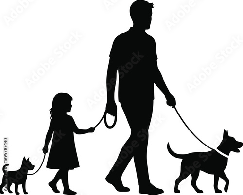 A silhouette of a father and daughter walking their dogs, a heartwarming scene of family and pets together