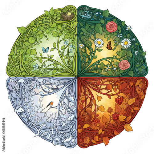 A beautiful Art Nouveau circular illustration representing the four seasons spring summer autumn and winter symbolizing the cycle of nature.