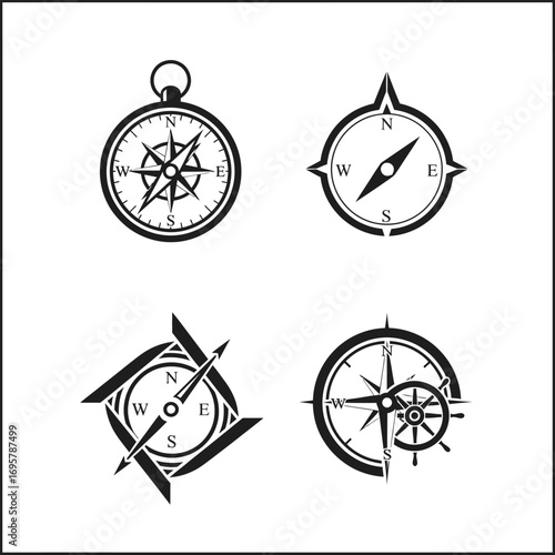 Collection of four distinct black and white compass icons, representing navigation, travel, exploration, and direction