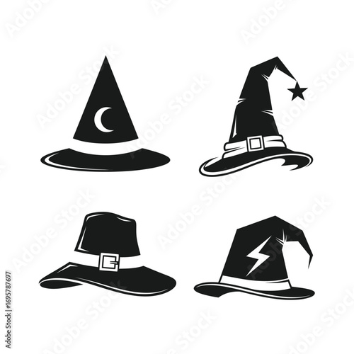 A monochrome vector set of various fantasy magician hats, including classic pointed, buckled, and decorated sorcerer caps for Halloween or costume design