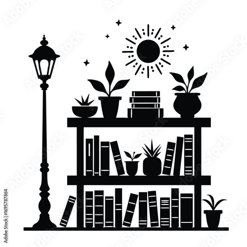 Silhouette bookshelf with plants, books, sun, and street lamp