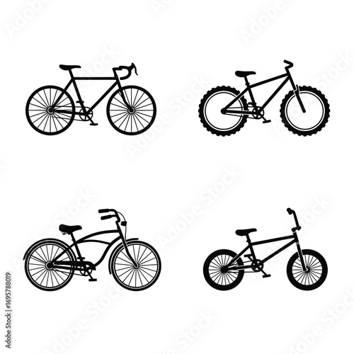 Collection of four distinct bicycle designs, including a road bike, mountain bike, cruiser, and BMX bike, presented in a clean, minimalist black and white illustration style