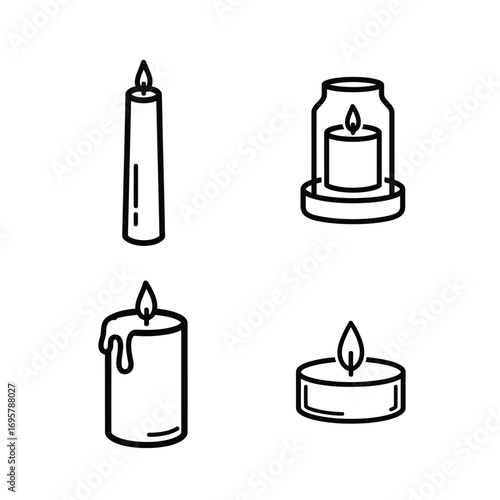 Diverse collection of line art candle icons, featuring various designs like pillar, jar, and tealight, perfect for illustrating warmth, ambiance, and festive occasions