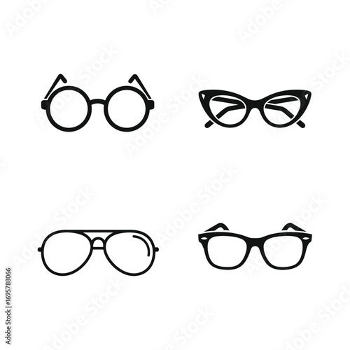 A collection of diverse eyeglasses designs in a monochrome style for fashion and optical concepts