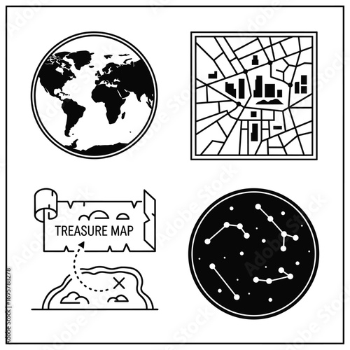 Set of four stylized icons representing global travel, urban planning, treasure hunting, and celestial navigation in a modern, minimalist line art style