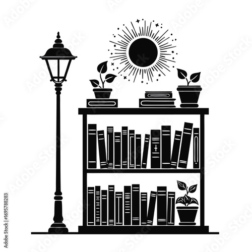 Silhouette bookshelf with potted plants, books, and street lamp