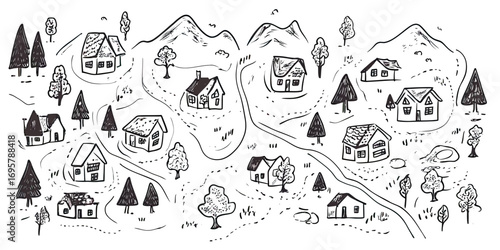 Hand drawn village map with houses, trees, mountains, and winding roads in simple black and white sketch style illustration for rural landscape concept