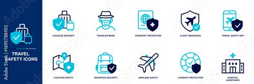 Travel Safety Blue Colored Outline Icon Set