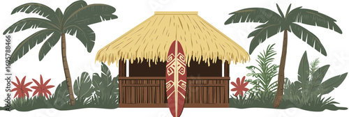 Tropical beach tiki hut with straw roof palm trees surfboard bamboo bar island vacation summer exotic bungalow flat vector illustration