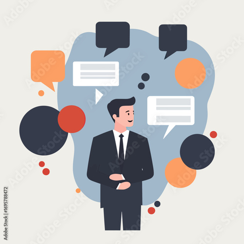 Businessman communication concept with speech bubbles and abstract shapes flat minimalist vector illustration of professional man in suit discussing ideas and messages