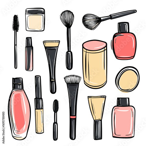 Hand drawn makeup and beauty cosmetic products set with mascara brushes, foundation, nail polish, cream jars, and applicators in sketch style vector illustration for salon and cosmetics design
