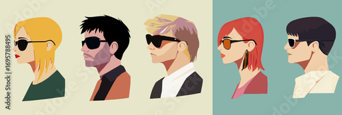 Set of five stylish human avatars wearing sunglasses side view flat minimalist vector illustrations diverse hairstyles and clothing profiles for user icons or social media