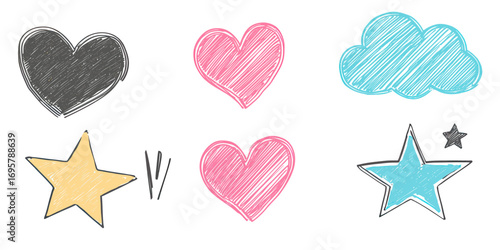 Hand drawn colorful hearts, stars, and cloud sketches with scribble texture in flat minimalist vector style playful doodles decorative elements set