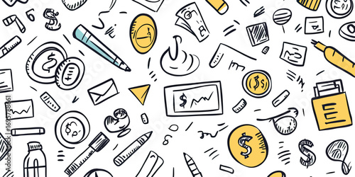 Hand drawn business and finance doodle pattern with money coins charts pens envelopes and documents in minimalist vector style seamless background design for investment and office concepts