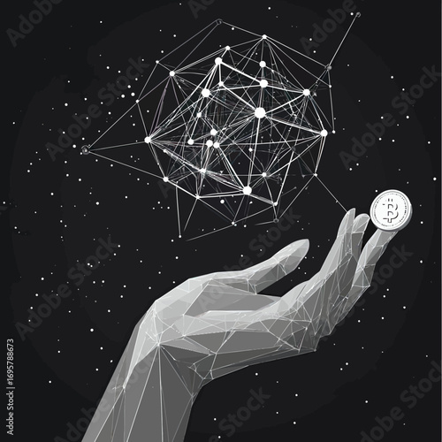 Polygonal low poly hand holding bitcoin coin with digital network connection abstract black background cryptocurrency blockchain technology concept vector illustration