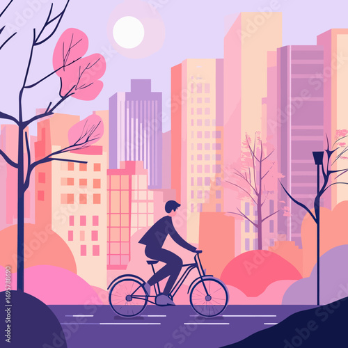 Business man cycling to work through urban city street with high rise buildings and trees at sunrise in flat minimalist vector style