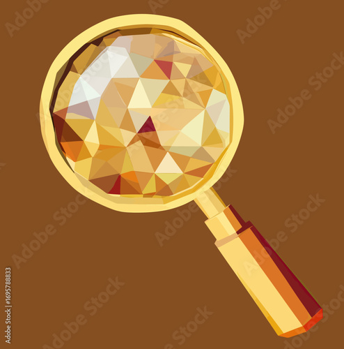 Low poly gold nugget under magnifying glass flat minimalist vector illustration with geometric facets and warm brown background design element for finance and wealth concepts