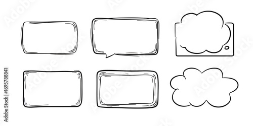 Hand drawn doodle style sketch set of six speech bubbles with rectangular and cloud shapes in black outline on white background vector illustration