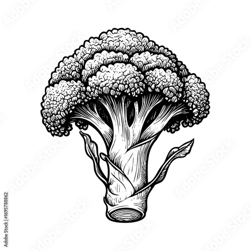 Large broccoli stalk with a leafy stem. The stalk is white and the leafy stem 