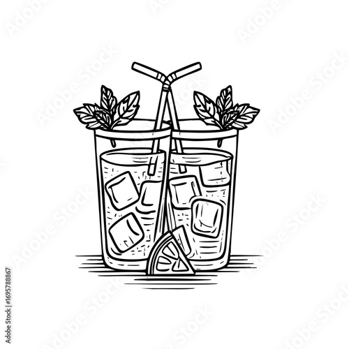 Glass of iced tea with a straw in it. The glass is filled with ice and has a slice of lemon in it
