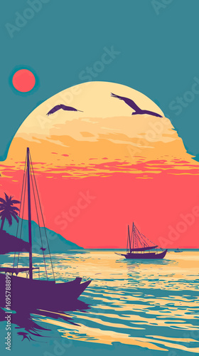 Sunset landscape with sailing boats, tropical island palm trees, seagulls flying over water, colorful sky in flat minimalist vector style