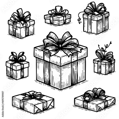 Set of six boxes with bows on them. The boxes are all different sizes and are all drawn in black and white